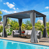 10x13ft Patio Louvered Pergola with Adjustable Roof, Curtain and Netting, Gray